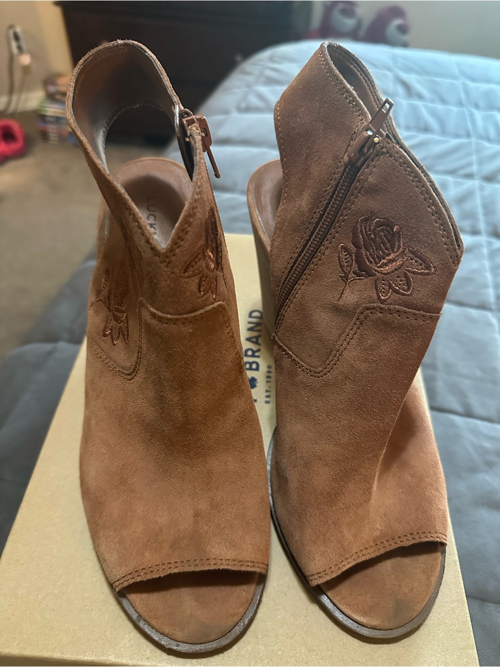 Lucky Brand Toffee Oiled Suede Peep-Toe Embroidered Mules